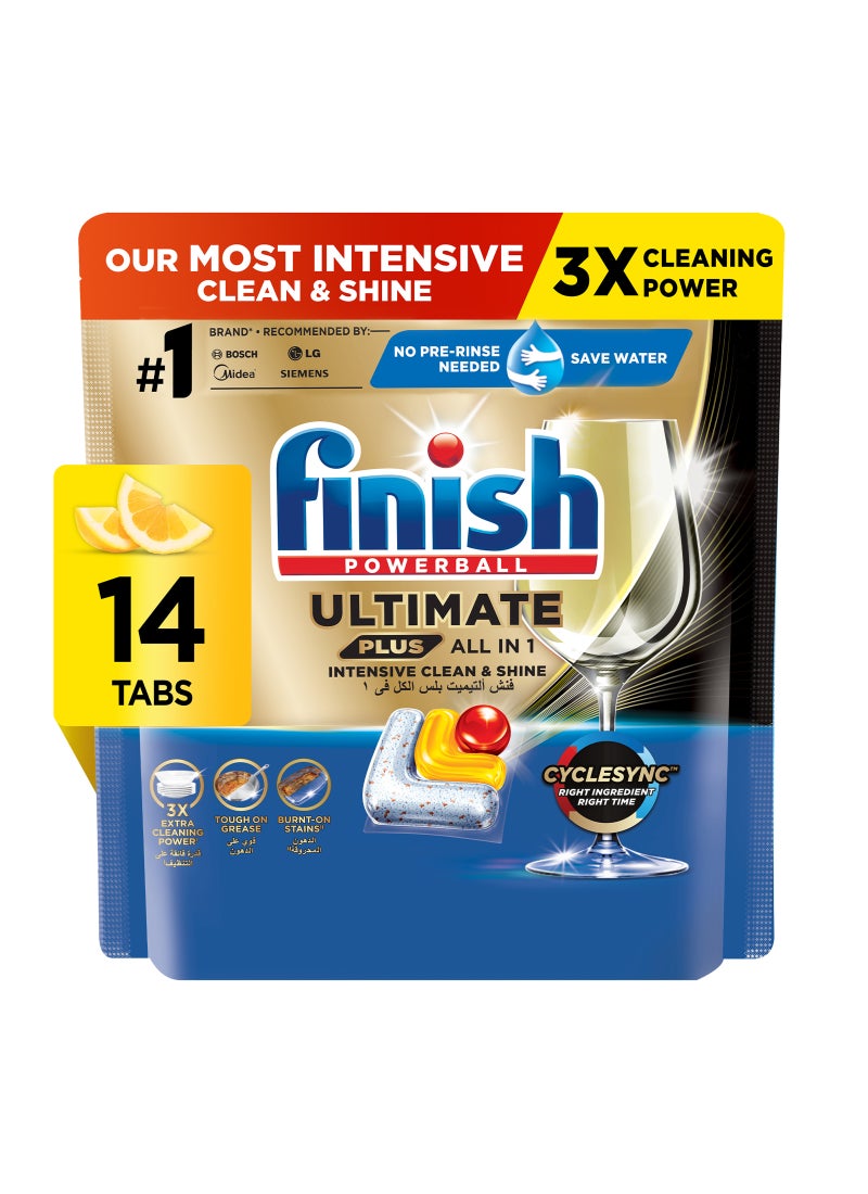 Finish Powerball Ultimate Plus Dishwasher Tablets Lemon Fragrance Scent 14 Tabs - Image 1